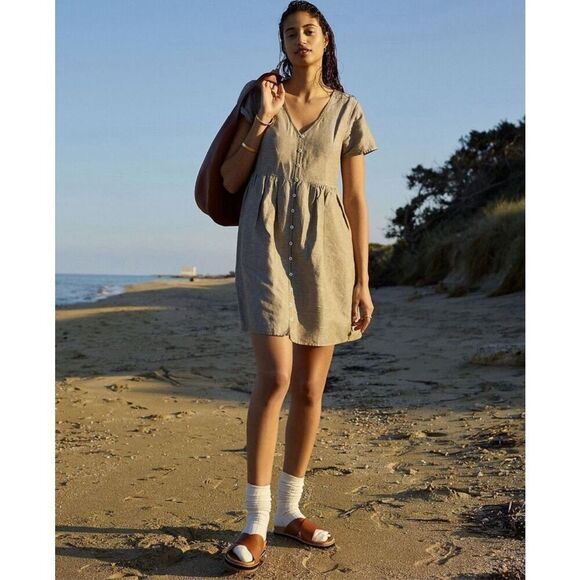 🧸Madewell Linen-Blend Alexandra Button-Front Mini Dress | Size Small - Picture 1 of 7